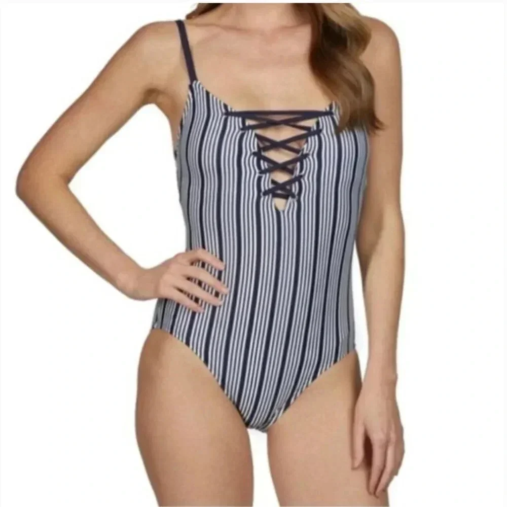 Nautica Dock Lines Lace Up One Piece Swimsuit Small